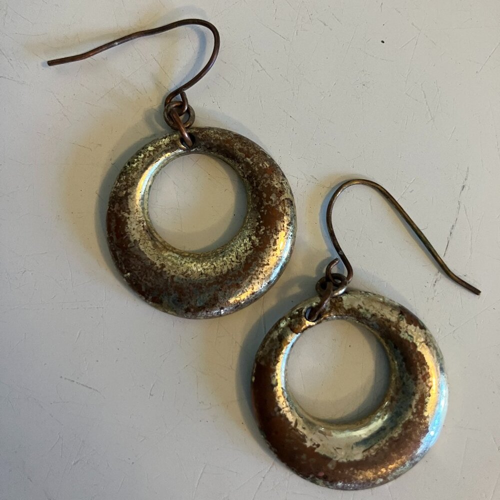 Vintage Artisan Brutalist Oxidized Silver Washer Dangle Earrings